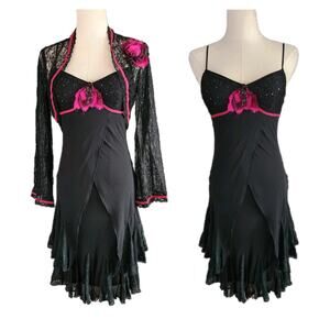 Sue Wong Black Beaded Chiffon Slip Dress Size 2 & Lace Crop Bolero Shrug Sz 8